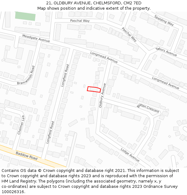 21, OLDBURY AVENUE, CHELMSFORD, CM2 7ED: Location map and indicative extent of plot