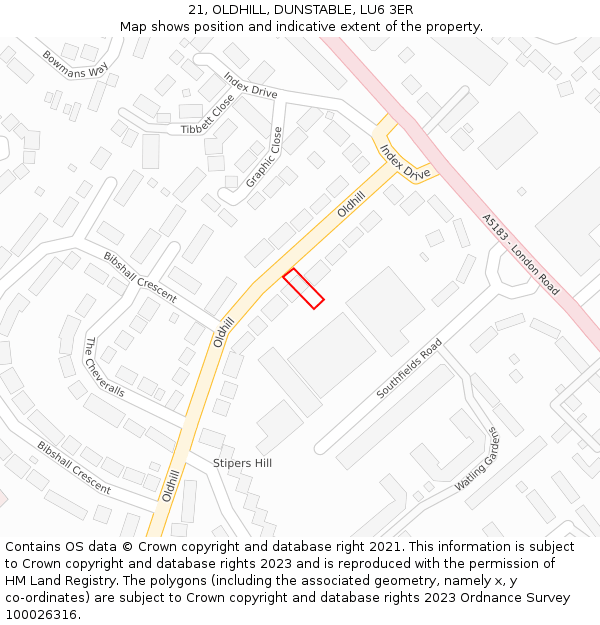21, OLDHILL, DUNSTABLE, LU6 3ER: Location map and indicative extent of plot