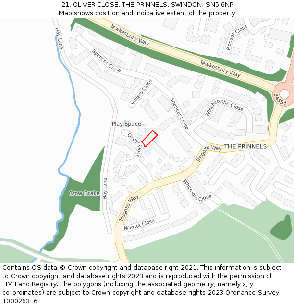 21, OLIVER CLOSE, THE PRINNELS, SWINDON, SN5 6NP: Location map and indicative extent of plot