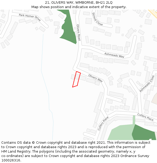 21, OLIVERS WAY, WIMBORNE, BH21 2LQ: Location map and indicative extent of plot