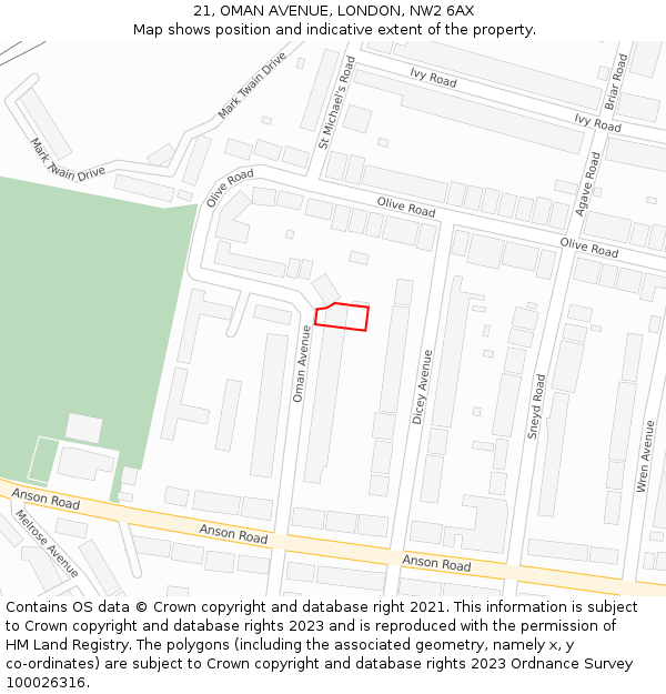 21, OMAN AVENUE, LONDON, NW2 6AX: Location map and indicative extent of plot