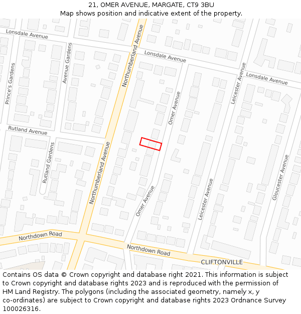 21, OMER AVENUE, MARGATE, CT9 3BU: Location map and indicative extent of plot