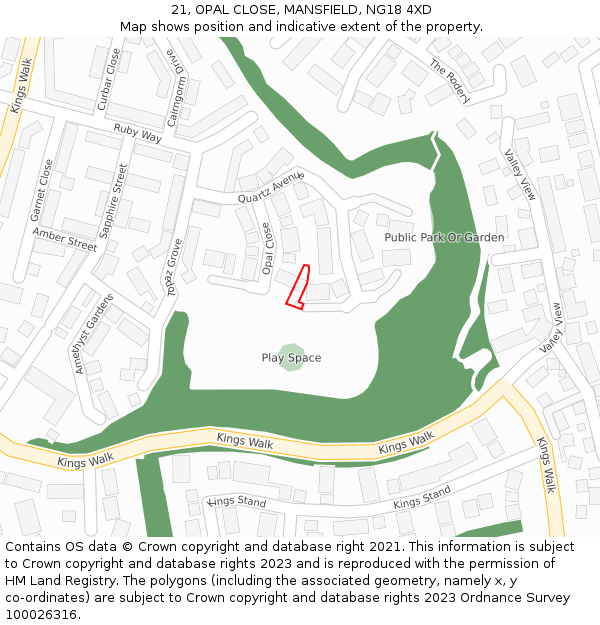 21, OPAL CLOSE, MANSFIELD, NG18 4XD: Location map and indicative extent of plot