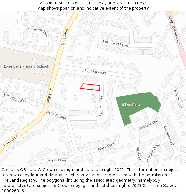 21, ORCHARD CLOSE, TILEHURST, READING, RG31 6YS: Location map and indicative extent of plot