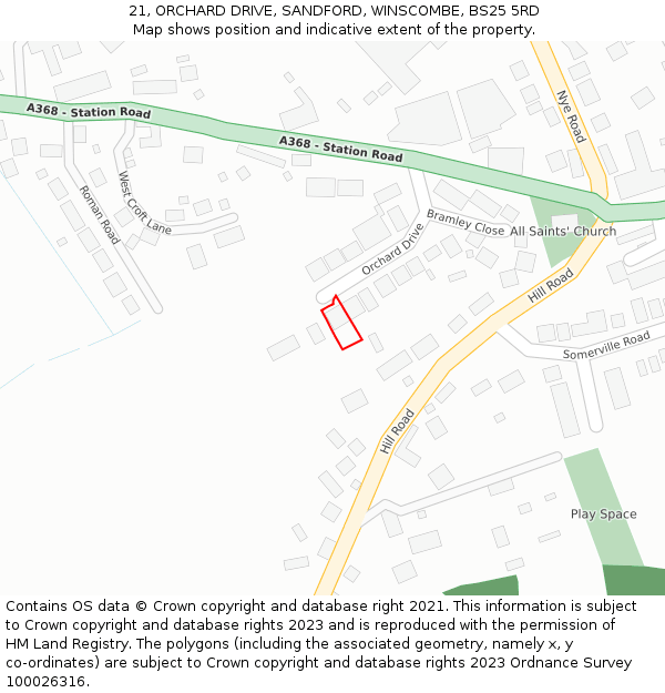 21, ORCHARD DRIVE, SANDFORD, WINSCOMBE, BS25 5RD: Location map and indicative extent of plot