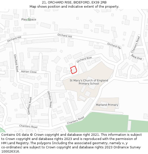 21, ORCHARD RISE, BIDEFORD, EX39 2RB: Location map and indicative extent of plot