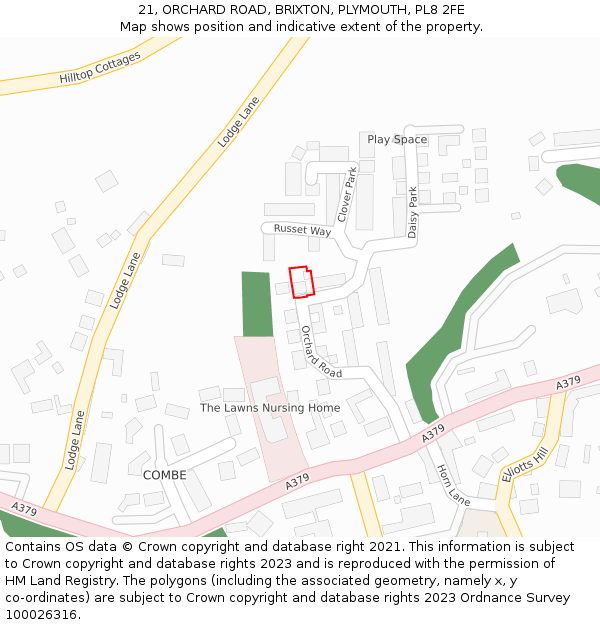 21, ORCHARD ROAD, BRIXTON, PLYMOUTH, PL8 2FE: Location map and indicative extent of plot