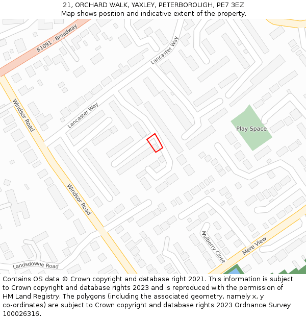 21, ORCHARD WALK, YAXLEY, PETERBOROUGH, PE7 3EZ: Location map and indicative extent of plot