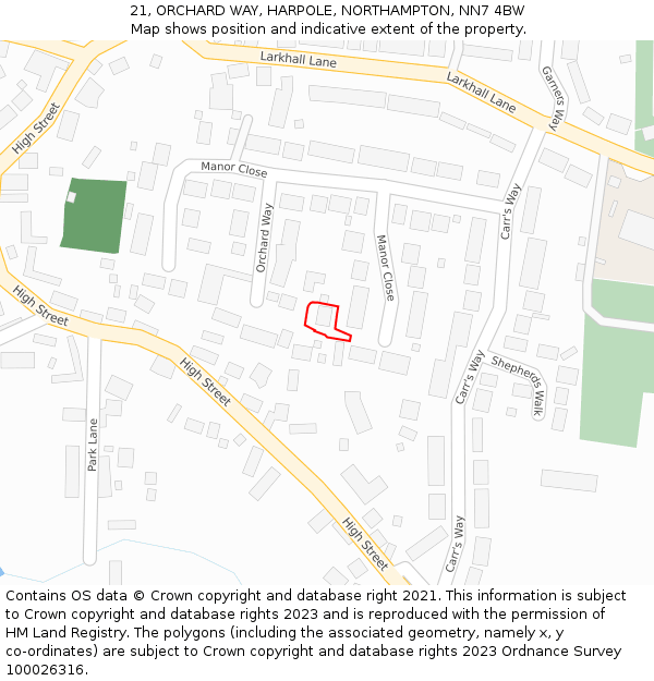 21, ORCHARD WAY, HARPOLE, NORTHAMPTON, NN7 4BW: Location map and indicative extent of plot