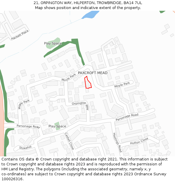 21, ORPINGTON WAY, HILPERTON, TROWBRIDGE, BA14 7UL: Location map and indicative extent of plot