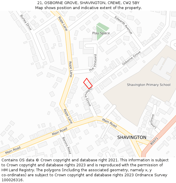 21, OSBORNE GROVE, SHAVINGTON, CREWE, CW2 5BY: Location map and indicative extent of plot