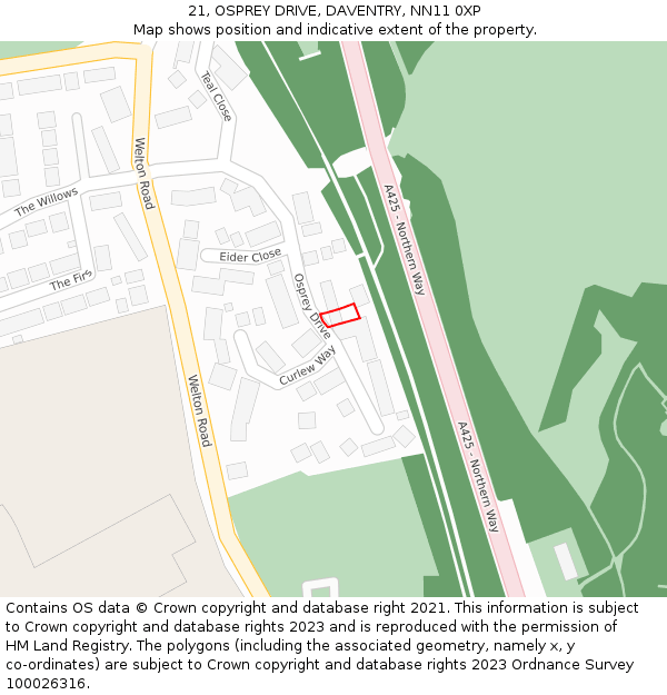 21, OSPREY DRIVE, DAVENTRY, NN11 0XP: Location map and indicative extent of plot
