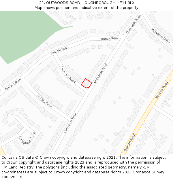 21, OUTWOODS ROAD, LOUGHBOROUGH, LE11 3LX: Location map and indicative extent of plot