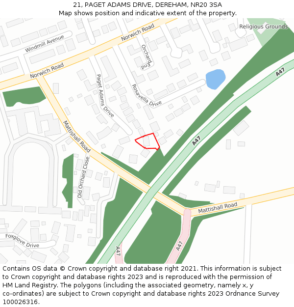 21, PAGET ADAMS DRIVE, DEREHAM, NR20 3SA: Location map and indicative extent of plot