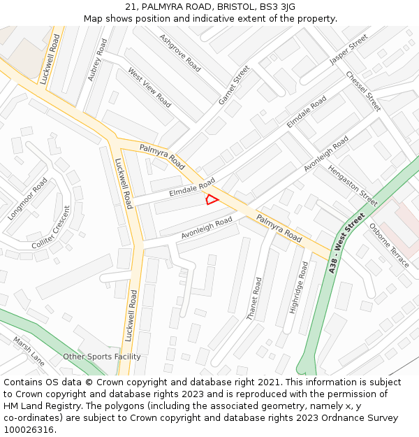 21, PALMYRA ROAD, BRISTOL, BS3 3JG: Location map and indicative extent of plot