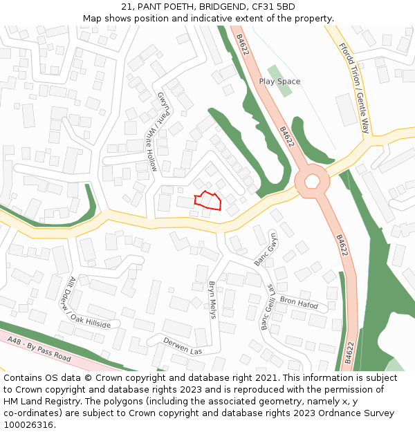 21, PANT POETH, BRIDGEND, CF31 5BD: Location map and indicative extent of plot