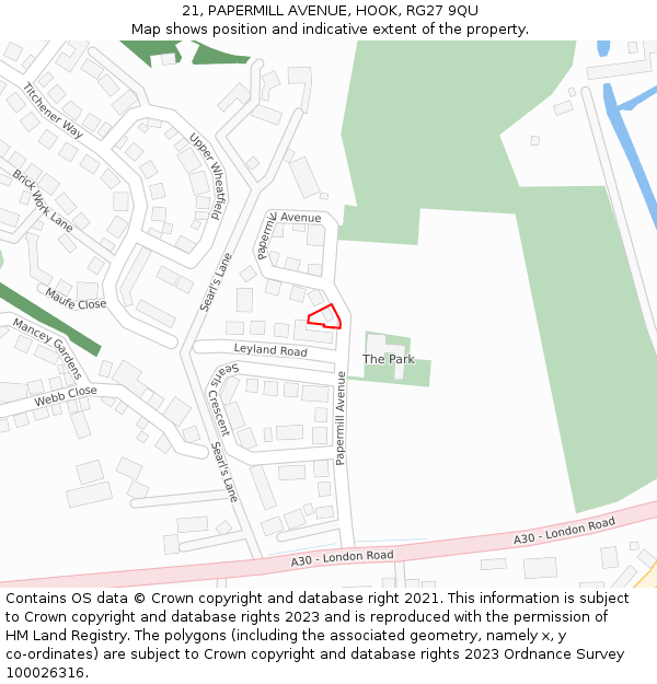 21, PAPERMILL AVENUE, HOOK, RG27 9QU: Location map and indicative extent of plot