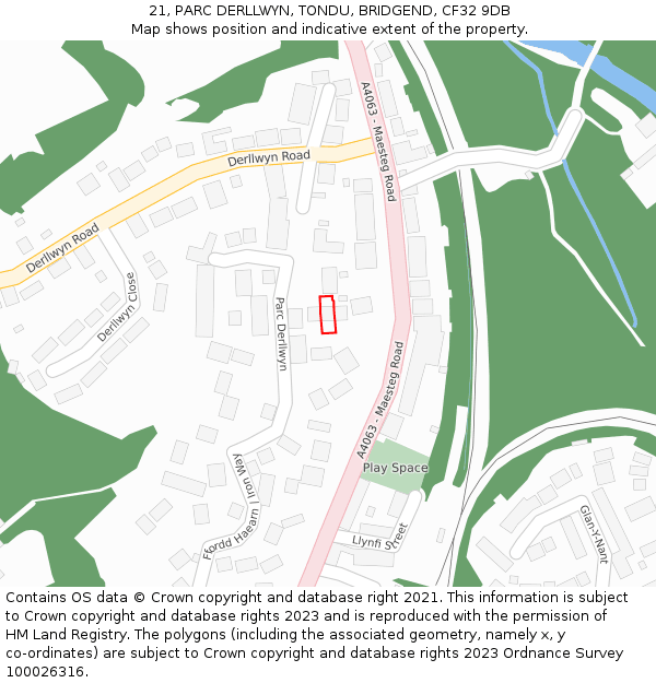 21, PARC DERLLWYN, TONDU, BRIDGEND, CF32 9DB: Location map and indicative extent of plot