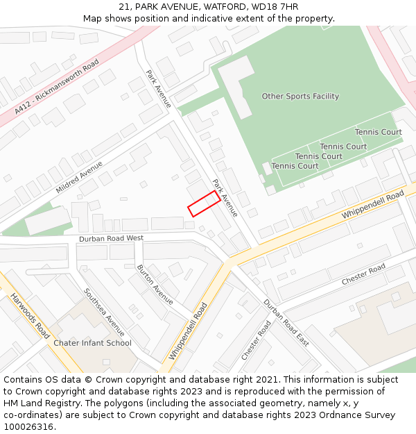 21, PARK AVENUE, WATFORD, WD18 7HR: Location map and indicative extent of plot