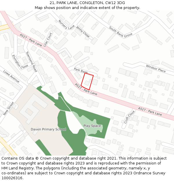 21, PARK LANE, CONGLETON, CW12 3DG: Location map and indicative extent of plot