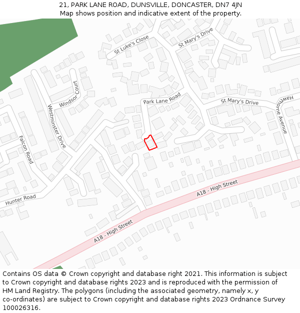 21, PARK LANE ROAD, DUNSVILLE, DONCASTER, DN7 4JN: Location map and indicative extent of plot