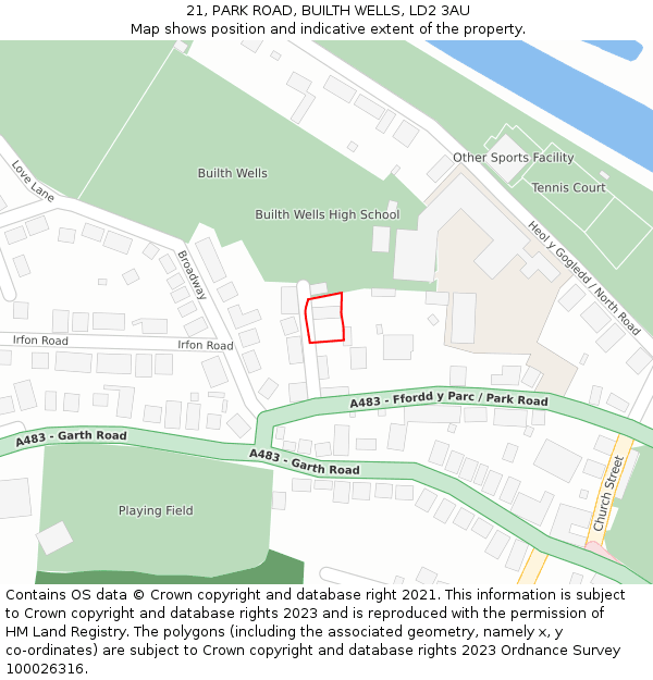 21, PARK ROAD, BUILTH WELLS, LD2 3AU: Location map and indicative extent of plot