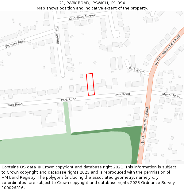 21, PARK ROAD, IPSWICH, IP1 3SX: Location map and indicative extent of plot