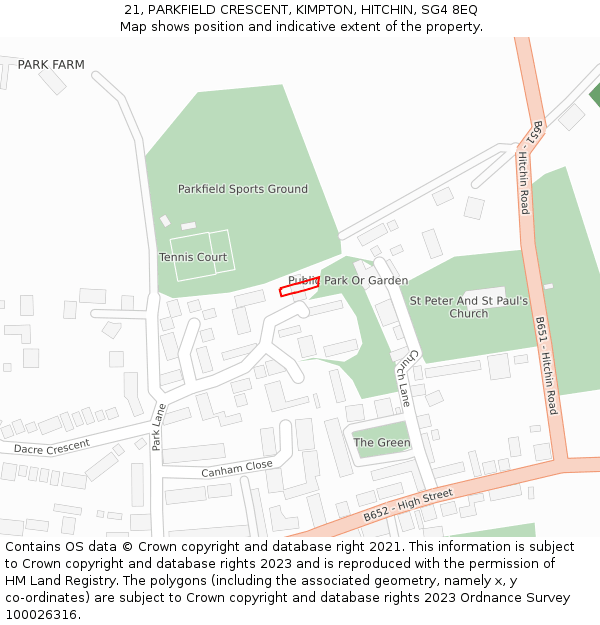 21, PARKFIELD CRESCENT, KIMPTON, HITCHIN, SG4 8EQ: Location map and indicative extent of plot