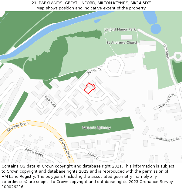 21, PARKLANDS, GREAT LINFORD, MILTON KEYNES, MK14 5DZ: Location map and indicative extent of plot