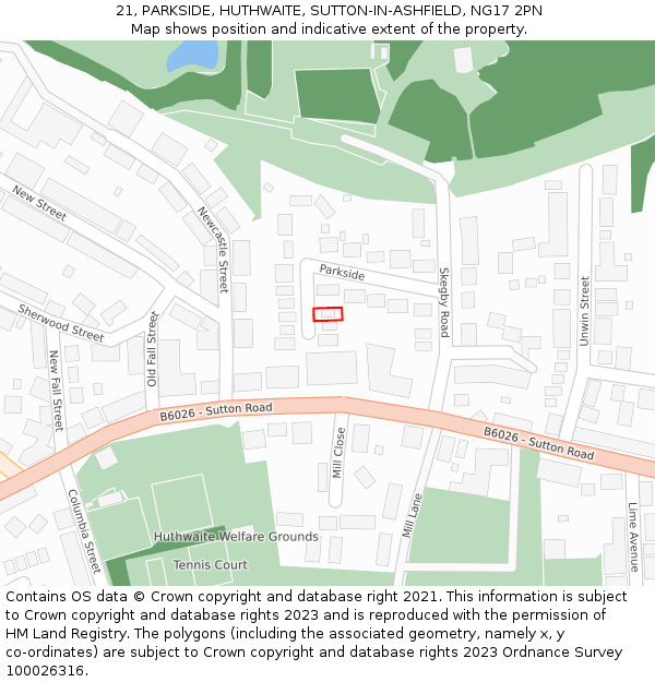 21, PARKSIDE, HUTHWAITE, SUTTON-IN-ASHFIELD, NG17 2PN: Location map and indicative extent of plot