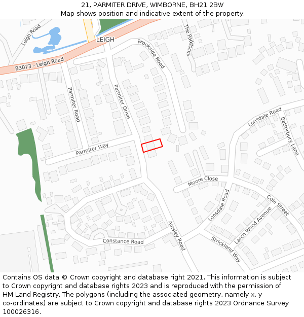 21, PARMITER DRIVE, WIMBORNE, BH21 2BW: Location map and indicative extent of plot