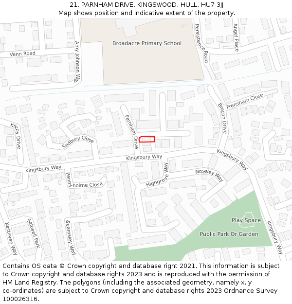 21, PARNHAM DRIVE, KINGSWOOD, HULL, HU7 3JJ: Location map and indicative extent of plot