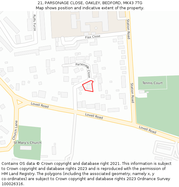 21, PARSONAGE CLOSE, OAKLEY, BEDFORD, MK43 7TG: Location map and indicative extent of plot