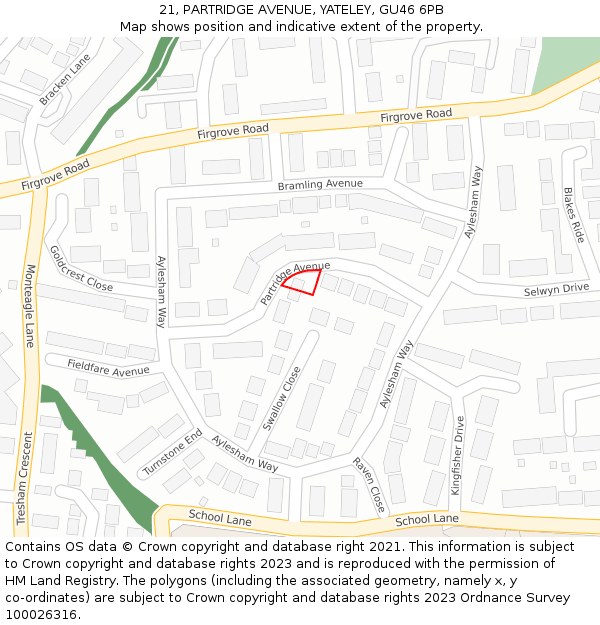 21, PARTRIDGE AVENUE, YATELEY, GU46 6PB: Location map and indicative extent of plot