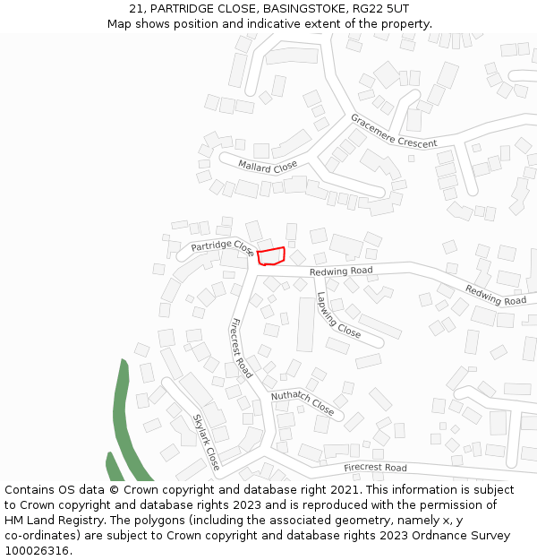 21, PARTRIDGE CLOSE, BASINGSTOKE, RG22 5UT: Location map and indicative extent of plot