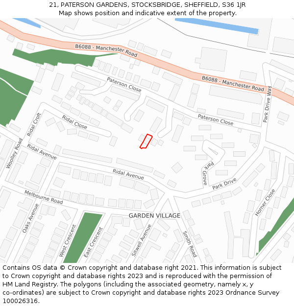 21, PATERSON GARDENS, STOCKSBRIDGE, SHEFFIELD, S36 1JR: Location map and indicative extent of plot