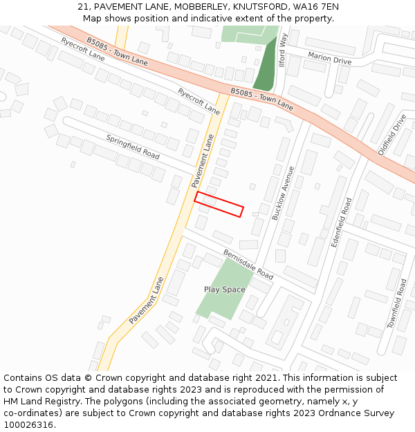 21, PAVEMENT LANE, MOBBERLEY, KNUTSFORD, WA16 7EN: Location map and indicative extent of plot