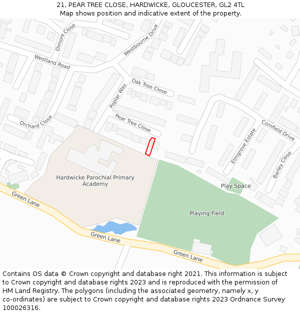 21, PEAR TREE CLOSE, HARDWICKE, GLOUCESTER, GL2 4TL: Location map and indicative extent of plot