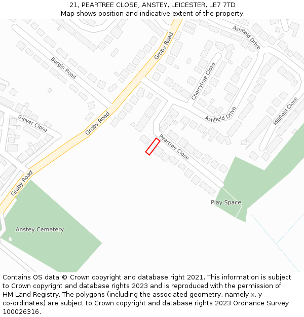 21, PEARTREE CLOSE, ANSTEY, LEICESTER, LE7 7TD: Location map and indicative extent of plot