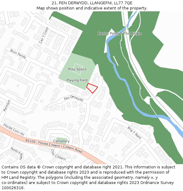 21, PEN DERWYDD, LLANGEFNI, LL77 7QE: Location map and indicative extent of plot
