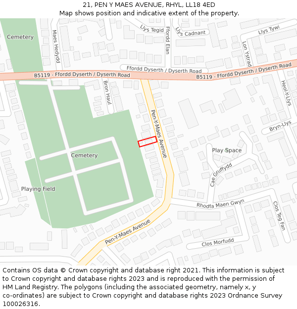 21, PEN Y MAES AVENUE, RHYL, LL18 4ED: Location map and indicative extent of plot