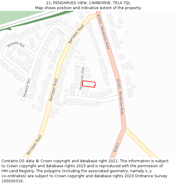 21, PENDARVES VIEW, CAMBORNE, TR14 7QL: Location map and indicative extent of plot