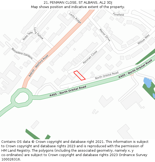 21, PENMAN CLOSE, ST ALBANS, AL2 3DJ: Location map and indicative extent of plot