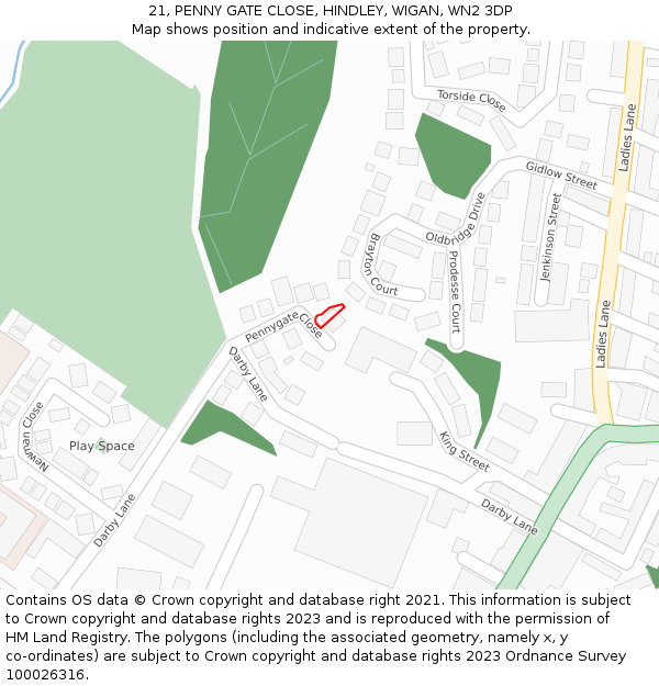 21, PENNY GATE CLOSE, HINDLEY, WIGAN, WN2 3DP: Location map and indicative extent of plot
