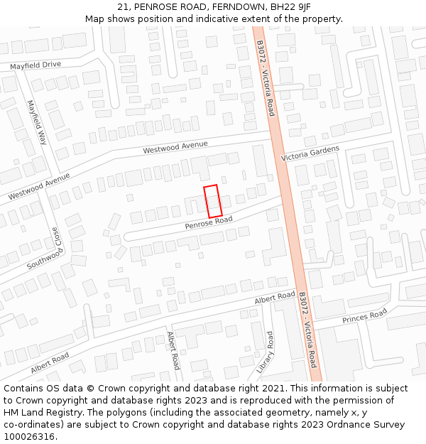 21, PENROSE ROAD, FERNDOWN, BH22 9JF: Location map and indicative extent of plot