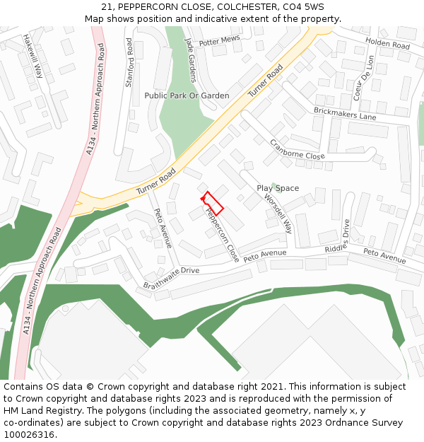 21, PEPPERCORN CLOSE, COLCHESTER, CO4 5WS: Location map and indicative extent of plot