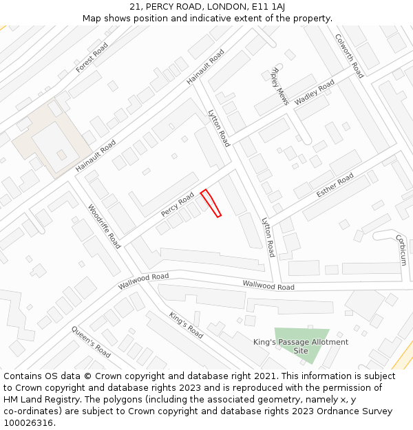 21, PERCY ROAD, LONDON, E11 1AJ: Location map and indicative extent of plot