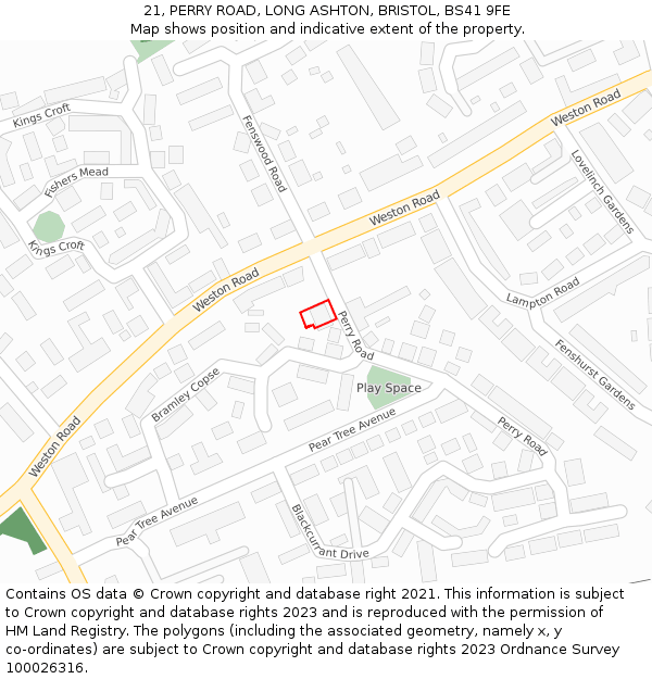 21, PERRY ROAD, LONG ASHTON, BRISTOL, BS41 9FE: Location map and indicative extent of plot