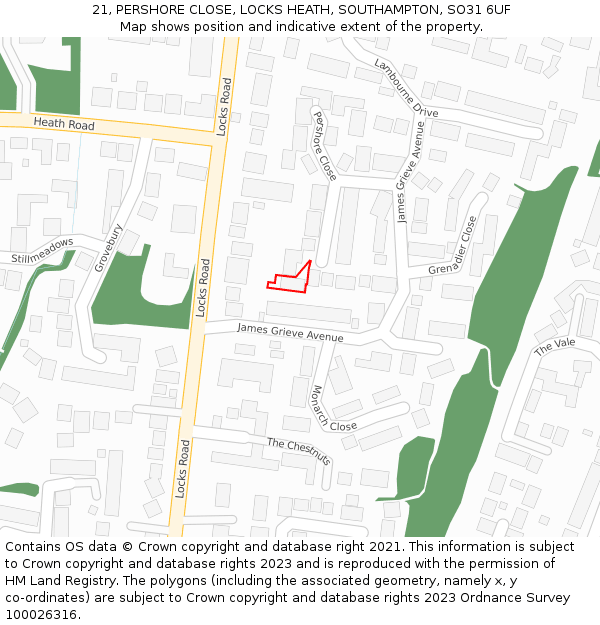 21, PERSHORE CLOSE, LOCKS HEATH, SOUTHAMPTON, SO31 6UF: Location map and indicative extent of plot