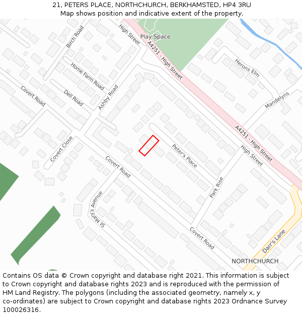 21, PETERS PLACE, NORTHCHURCH, BERKHAMSTED, HP4 3RU: Location map and indicative extent of plot